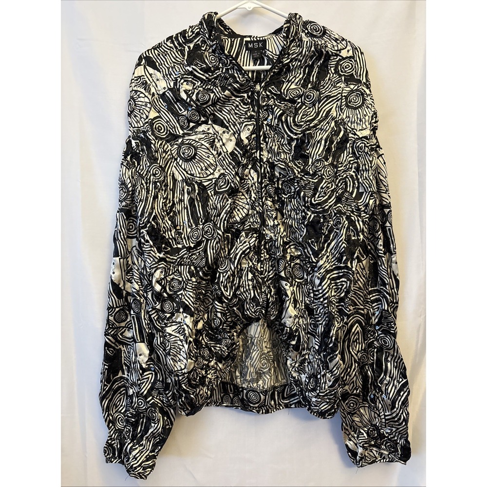 Y2K MSK Womens Jacket Black White Abstract Sequin Pucker Zip Front Polyester M